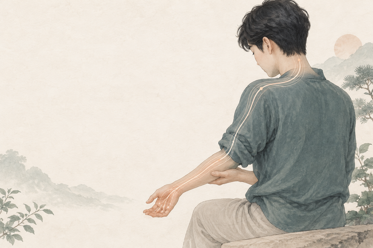 목에서 팔과 손으로 이어지는 저림의 경로를 표현한 일러스트