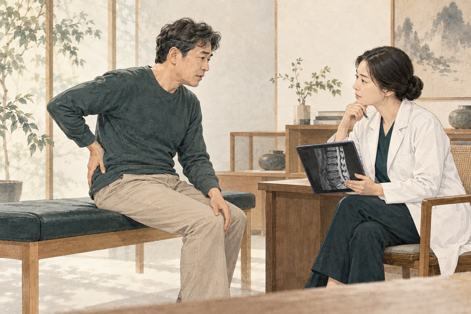 허리와 다리 통증의 경로를 설명하고 검사 자료를 함께 살피는 진료 장면