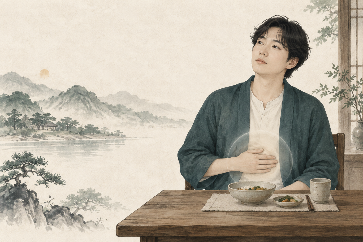 식후 명치의 더부룩함을 표현한 수묵화풍 일러스트