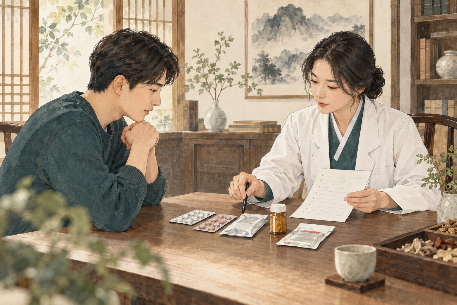 복용 중인 의약품과 건강기능식품을 함께 확인하는 한약 상담 장면