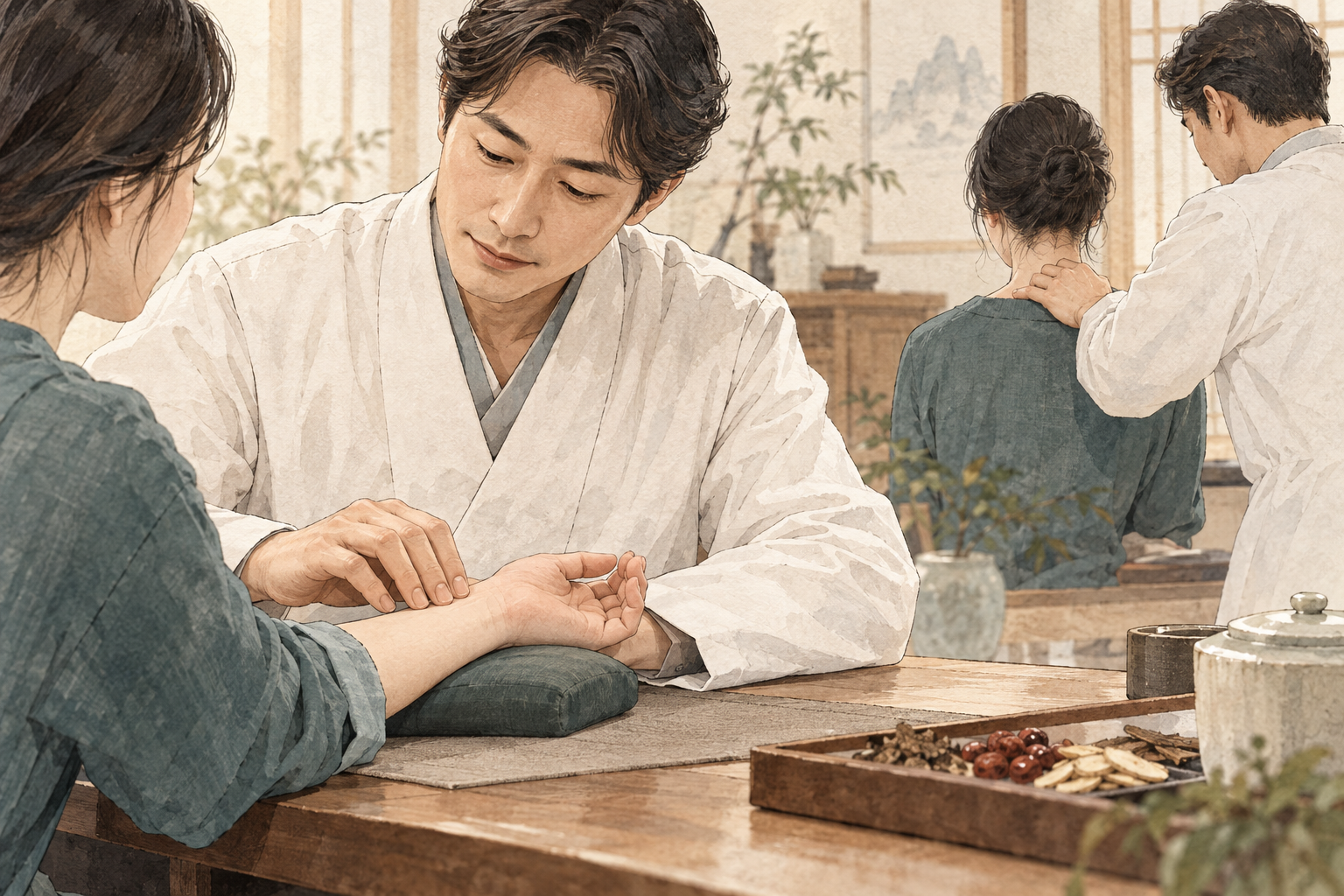 손목의 맥과 상부승모근의 긴장을 차례로 살피는 한약 진찰 장면