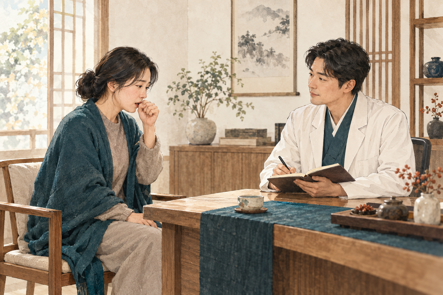 감기 뒤 오래 남은 기침의 경과를 상담하는 장면