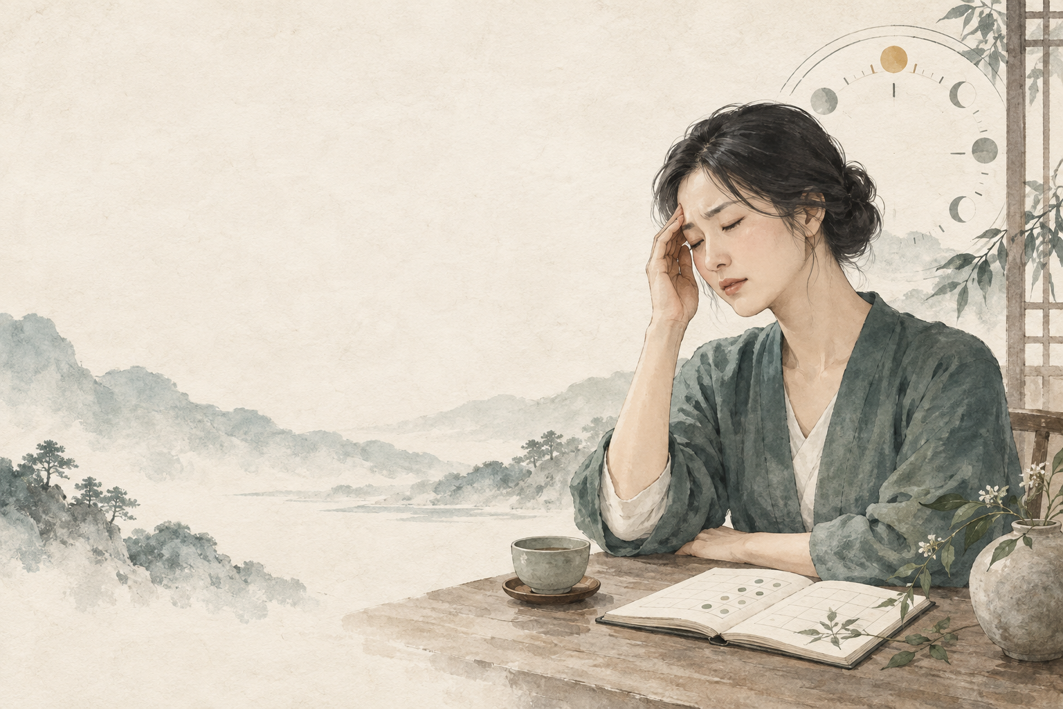반복되는 두통의 양상을 기록하는 모습을 표현한 수묵화풍 일러스트
