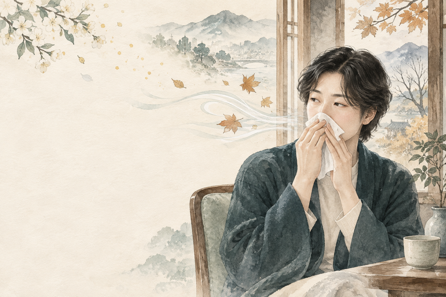 계절과 공기 변화에 반응하는 비염을 표현한 수묵화풍 일러스트