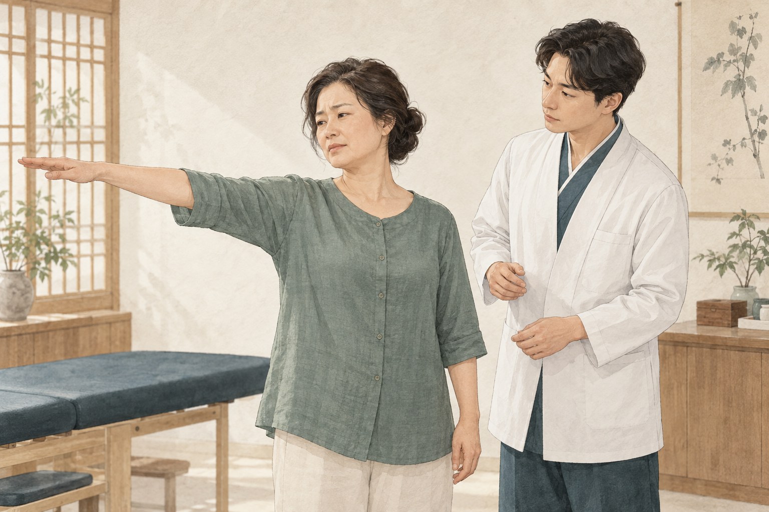 팔을 들어 올리는 범위와 어깨 통증을 살피는 진찰 장면