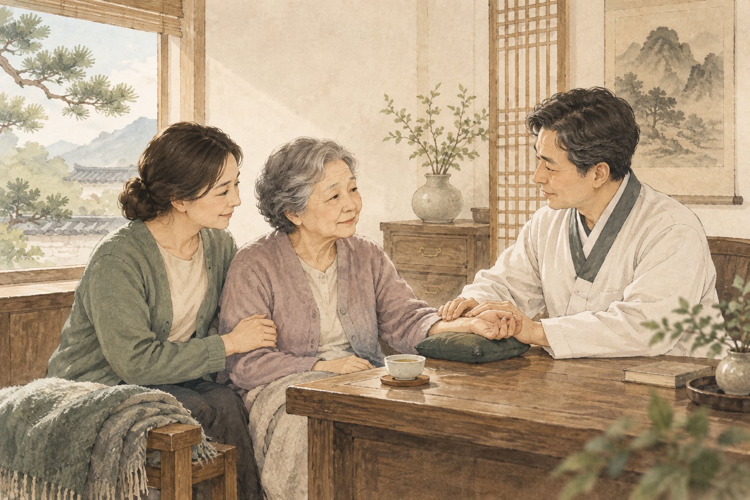 기력이 떨어진 어르신과 보호자의 이야기를 듣고 맥을 살피는 온화한 진료 장면의 수묵화풍 일러스트
